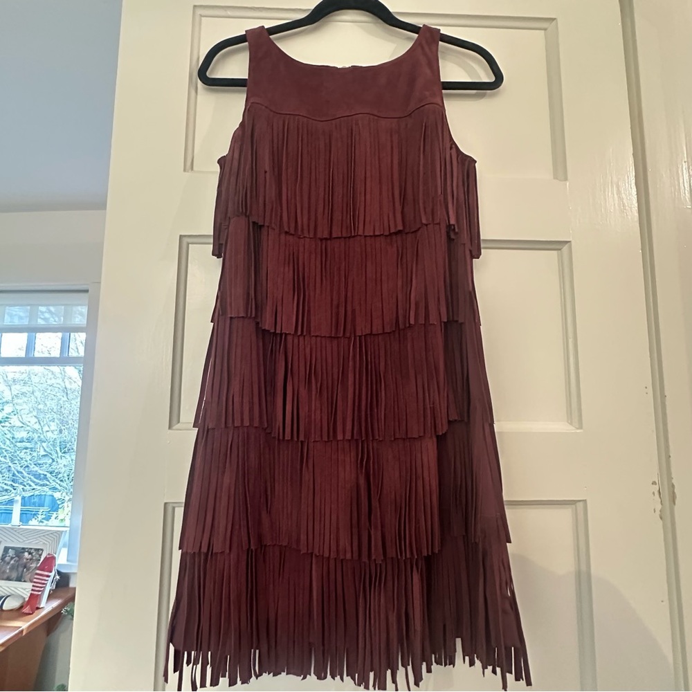 Olivia Palermo+Chelsea 28 Fringe Suede Leather Mini Dress XS Burgundy/Wine EUC - Picture 3 of 13
